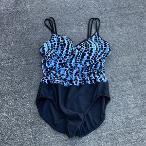 Miraclesuit Geometric Printed Blue and Black One Piece Swimsuit size 12